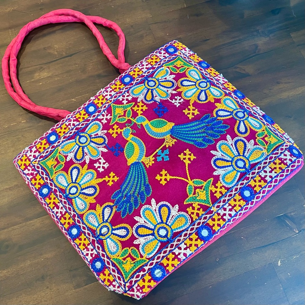 Colorful Embroidered Floral Peacock Boho Tote Bag